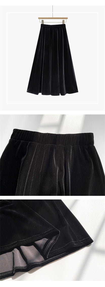 French Style Black Velvet Skirt For Women High Waist A-Line Velour Skirts Spring Autumn Simple High Street Long Skirts Plus Size