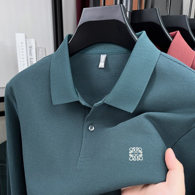 100% pure cotton spring and autumn fashionable men's collar striped long sleeved polo shirt brand embossed casual T-shirt