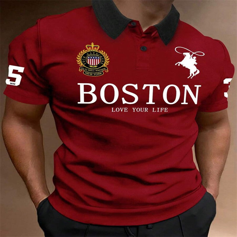 2025Manfinity Homme Manfinity Sporty Men's Simple Print Turndown Collar Ribbed Polo Shirt