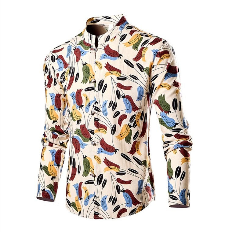 Chinese Style Men's Stand-up Collar Long-sleeved Shirt, Single-breasted Printed Shirts, Fashion Casual Camisas, Red Green Blue