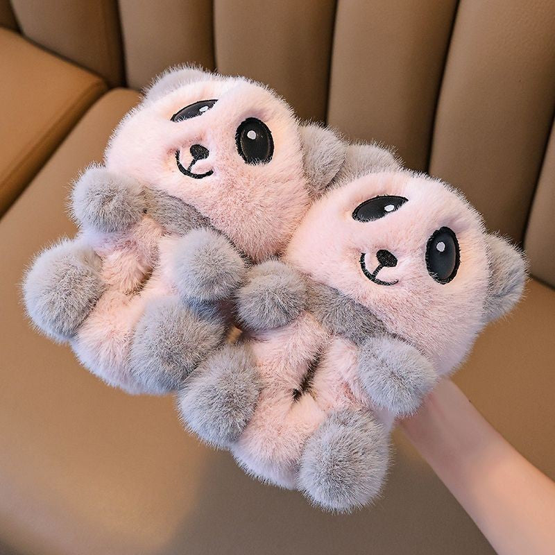 Cute panda children's slippers girls indoor slip on shoes, 2025 cartoon animal fur slippers house children flip flops