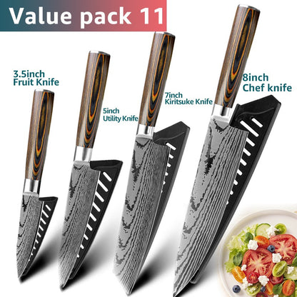 Conjunto de Facas de Cozinha 1-7PÇS Faca de Chef Japonesa Santoku 7CR17 Aço Inoxidável 440C Faca de Imitação de Damasco Cutelo de Carne Fatiador