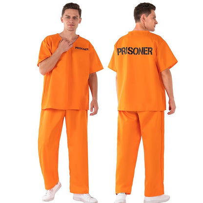 Unisex Adult Convict Carnival Halloween Fancy Dress Up Incarcerated Uniform Outfit Orange Prisoner Costume For Men