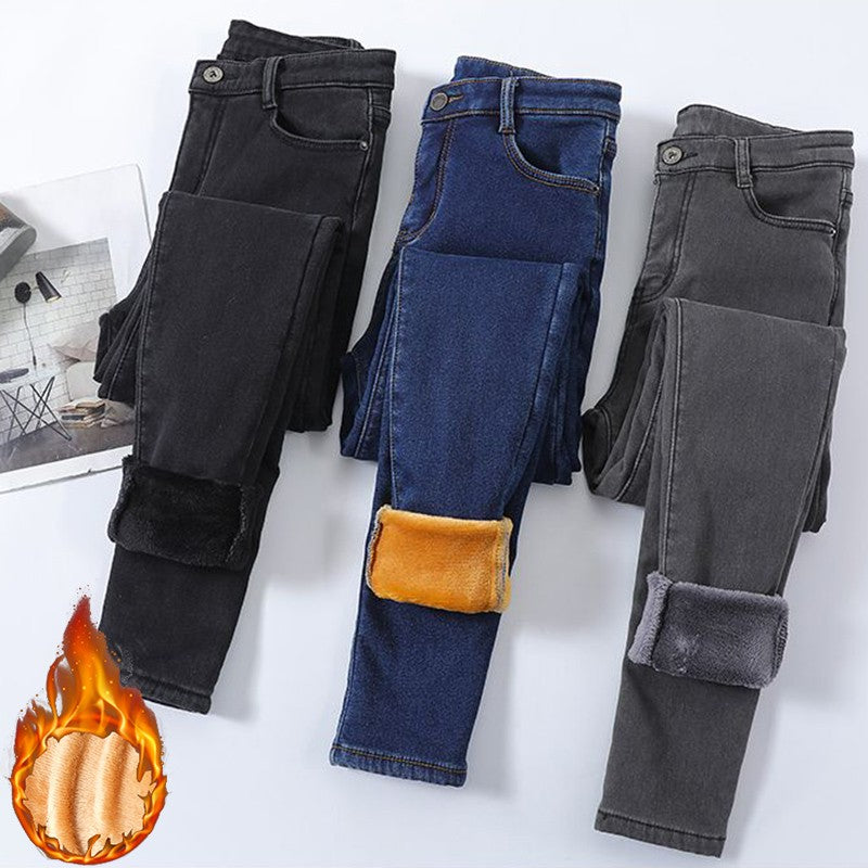 Winter Lady Thermal Plush Jeans Snow Warm Stretch Jeans Hot Sale High Waist Fleece Pants Female Straight Leg Denim Trousers