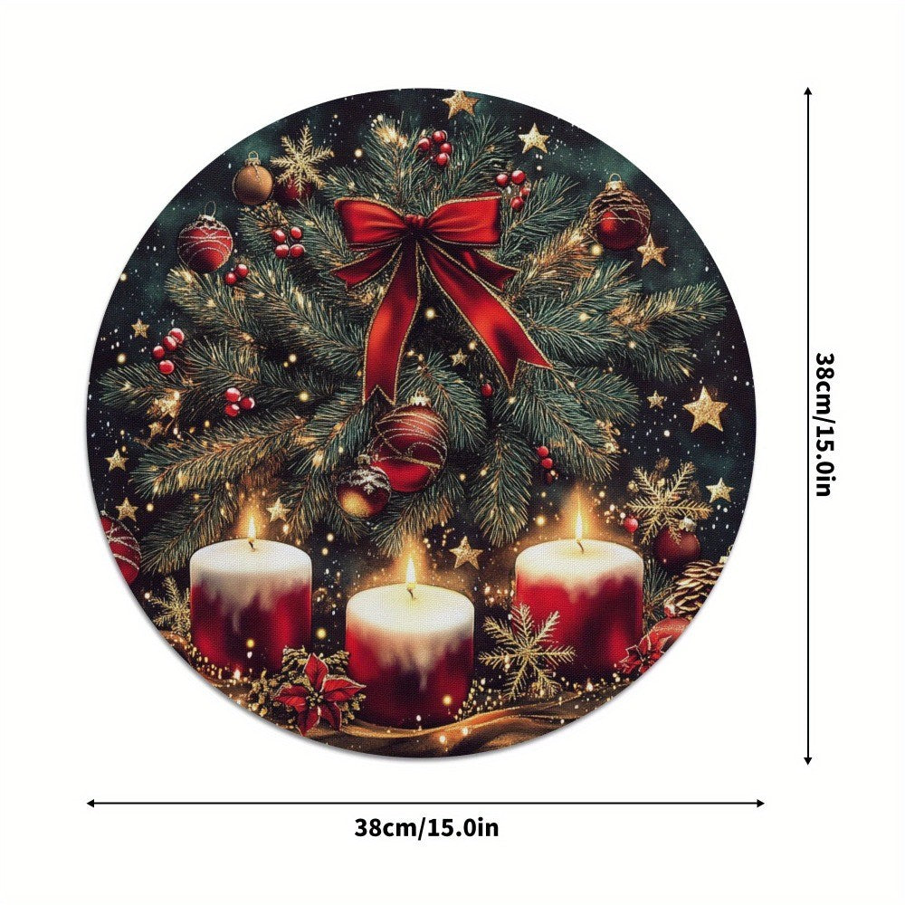 4PCS Christmas Placemats Round Polyester Non Slip Heat Resistant Festive Table Mats Christmas Style Design Round Tablecloth
