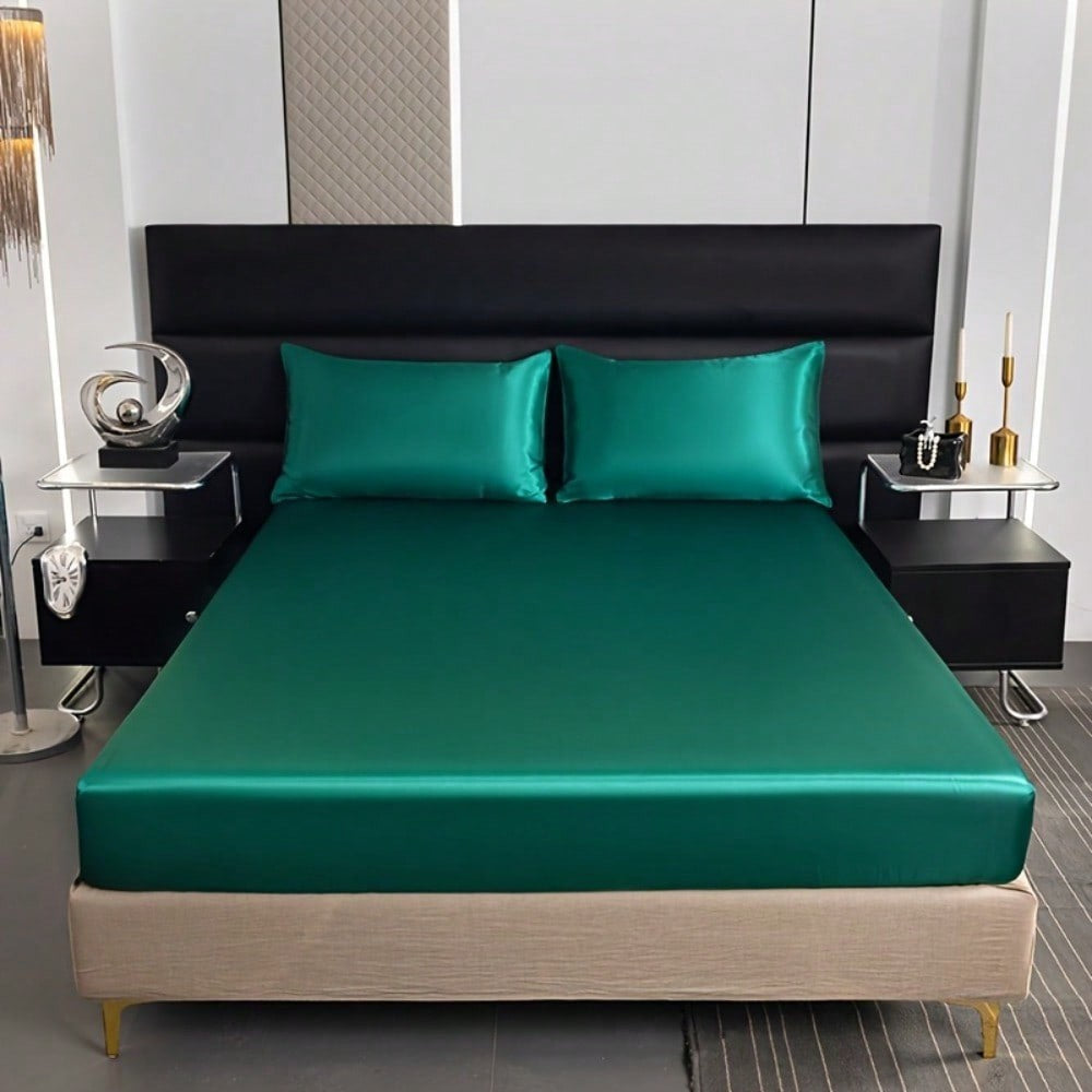 2/3pcs Luxurious Solid Silky Satin Fitted Sheet With Pillowcases For Soft And Comfortable Bedding,For Bedrooms And Guest Rooms
