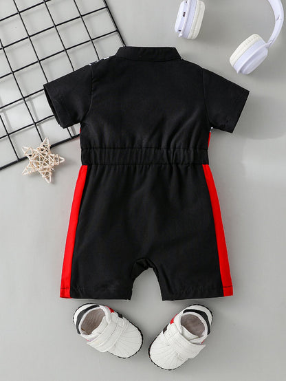 Newborn Baby Boy Styling Suit Mini Racer Outfit with Embroidered Stand Collar and Zipper Denim Overalls