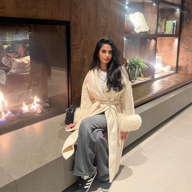 Elegant Faux Fur Cuffs Woolen Coat With Belt For Women Fashion Lapel Long Sleeve Lace Up Maxi Jacket Lady 2025 Autumn Outerwear