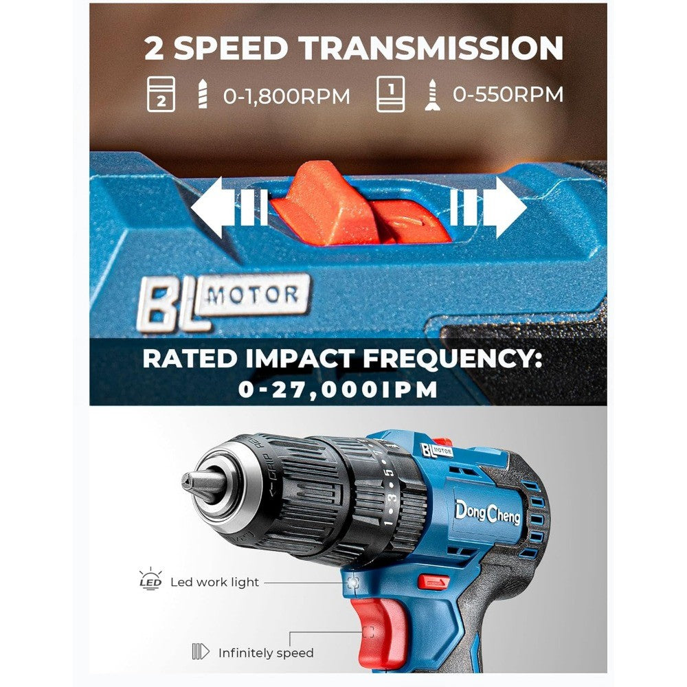 Furadeira de Impacto Brushless 20V para Serviço Pesado, Torque de 50 Nm, Furadeira de Impacto Sem Fio com 2 Baterias para Tijolo, Metal e Madeira