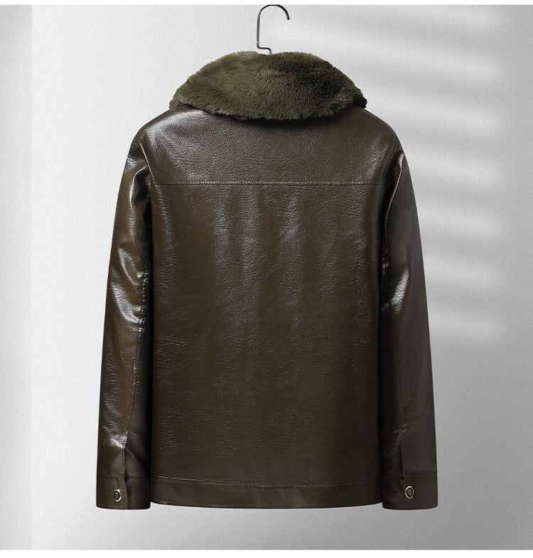 Winter Men Fleece Motor Biker Leather Jacket Man Lapel Thick Outwear Leather Coat Man Vintage Formal Fashion Leather Windbreaker