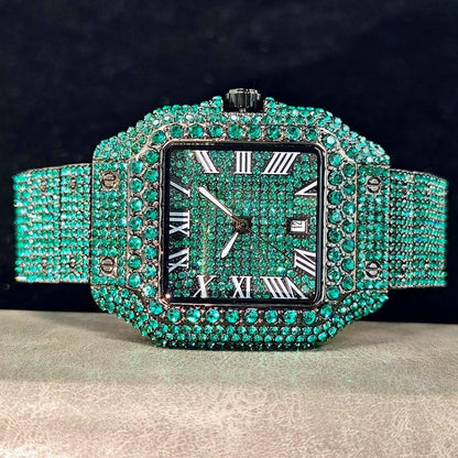 Green Diamond Watch For Men Brand UNIGUET Fashion Roman Literal Quartz Clock Man Hip Hop Iced Jewelry Square Wristwatch 2025 New