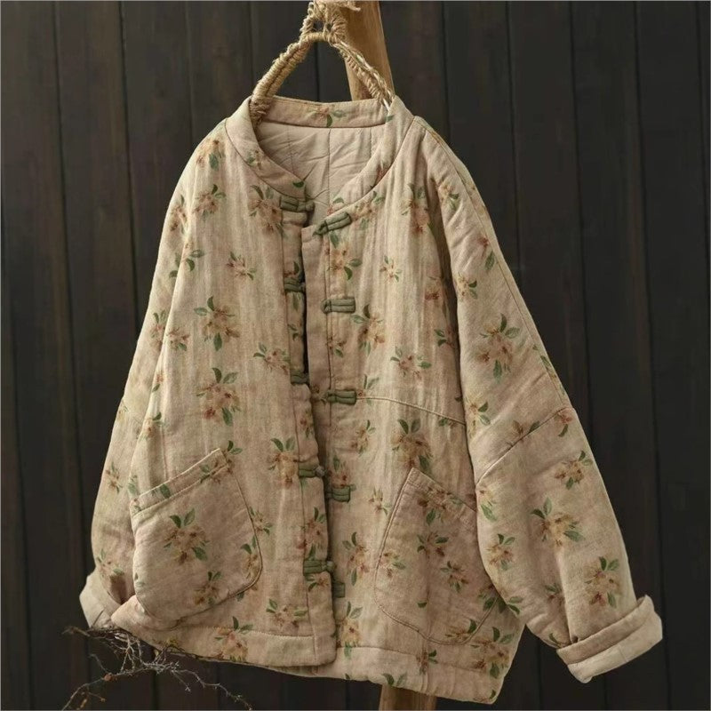 Johnature Vintage Buckle Floral Print Chinese Style Parkas 2025 Woman Winter New Long Sleeves Loose Single Breasted Parkas