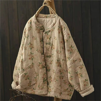 Johnature Vintage Buckle Floral Print Chinese Style Parkas 2025 Woman Winter New Long Sleeves Loose Single Breasted Parkas