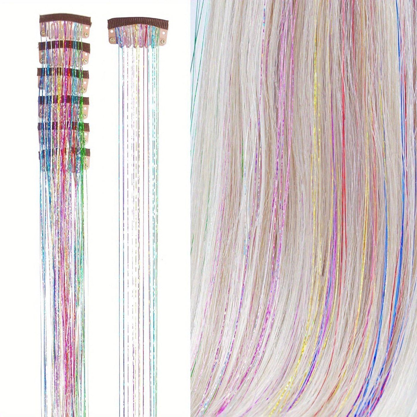 Apliques de cabelo coloridos de seda brilhante sem costura, grampo com glitter dourado de seda, faixas de cor de fio de laser deslumbrante, perucas sintéticas