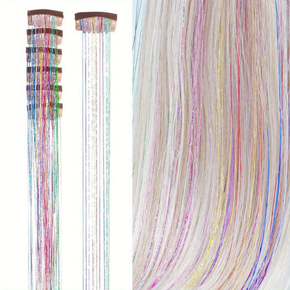 Apliques de cabelo coloridos de seda brilhante sem costura, grampo com glitter dourado de seda, faixas de cor de fio de laser deslumbrante, perucas sintéticas