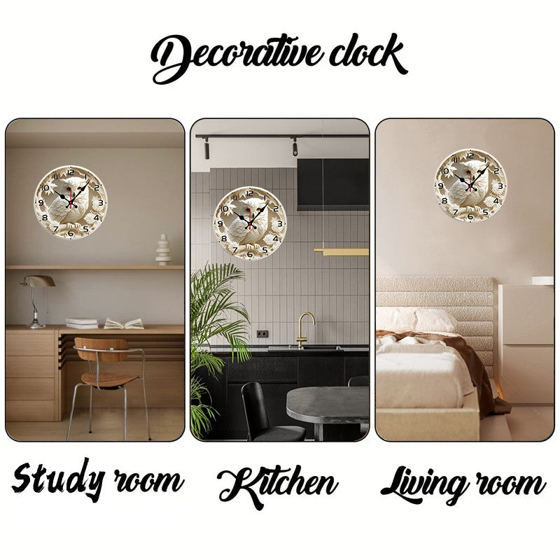 White Owl Wooden Round Silent Hanging Wall Clock, Suitable For Living Room, Office, Study Room, Bedroom, Home Decoration