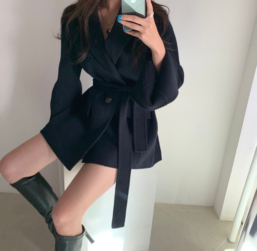 Retro Chic Autumn Winter Woolen Coat One Button Long Sve Suit Collar Waist Cinched Side Slit Warm Knitwear for Women