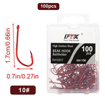 Anzóis de Pesca Vermelhos FTK 1/0-10# Iscas de Pesca com Farpa para Mar Haste Bico Porta-Isca Viva Jig de Pesca para Carpa Acessórios Anzóis de Minhoca