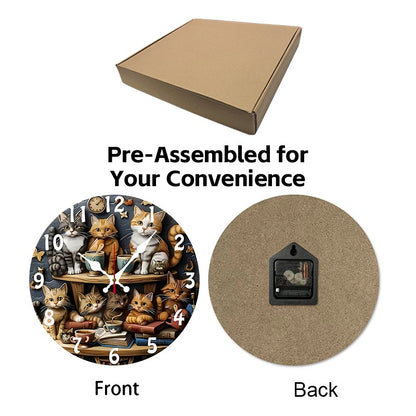 Cat Design Wooden Round Silent Hanging Wall Clock, Suitable For Living Room, Office, Study Room, Bedroom, Home Decoration