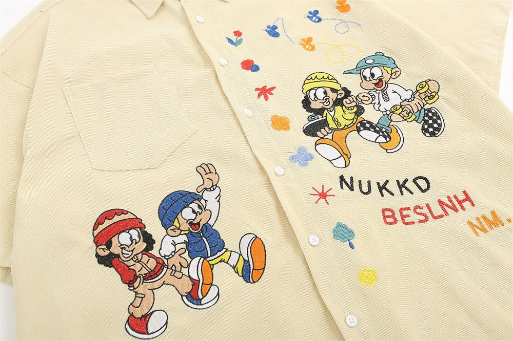 Cartoon Embroidery Cargo Shirts Mens Summer Retro Casual Streetwear Lapel Single Breasted Short Sleeve Shirts Men