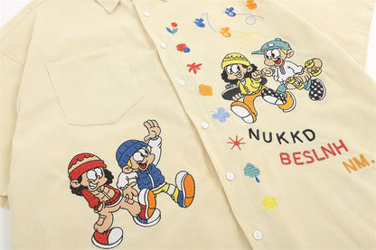 Cartoon Embroidery Cargo Shirts Mens Summer Retro Casual Streetwear Lapel Single Breasted Short Sleeve Shirts Men