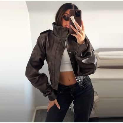 Vintage Women's Cropped Faux Leather Jacket Stand Collar Balloon Sleeve Biker Style PU Leather Coat Streetwear Fashion Outfit