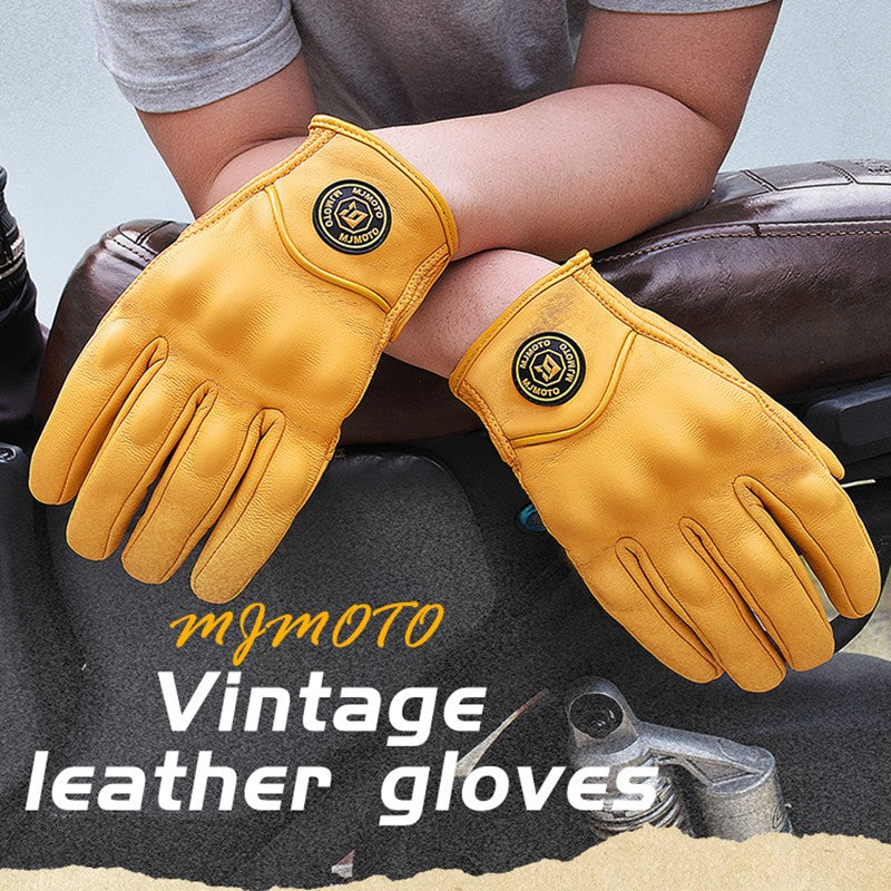 Luvas de Couro Amarelas Retrô para Motocicleta Masculinas Femininas Respiráveis Perfuradas Luvas de Corrida de Moto com Tela Sensível ao Toque para Motocross Moto