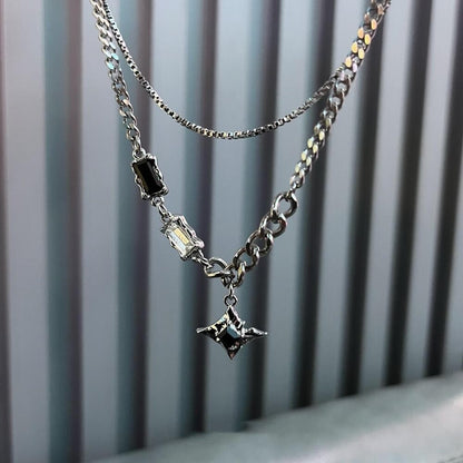 Colar de Hip Hop Zircon Star Camada Dupla Masculino Feminino Tendência Charme Aço Titânio Pingente Corrente Unissex Joias Atacado