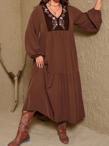 New Plus Size Women's Retro Floral Print V-Neck Maxi Dress Lantern Sleeves Ruffle Hem Loose Dress Elegant Holiday Party Dress