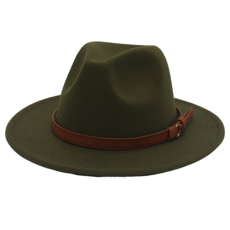 Classic Brown Belt Women Fedora Hats Autumn Winter Gentleman Jazz Felt Hat For Men Retro Church Lady Flat Wide Brim Dress Hat