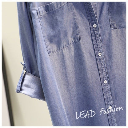 Fashion Women's Clothing Shirt Medium Long Containing Cotton Shirt Loose Fit Long Sleeve Double Pocket Rolled Sleeve Thin Blouse