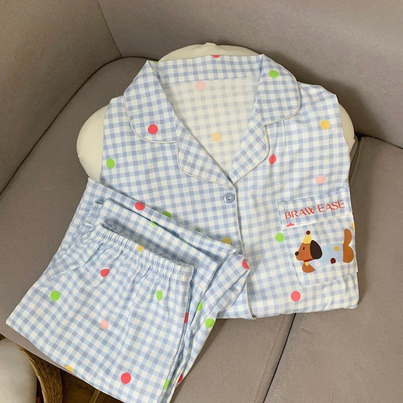 Cartoon Dog Letter Plaid Print Pajama Sets for Women Plus Size Sweet Cute Harajuku Style 2PC Set Sleepwear Autumn New Homewear