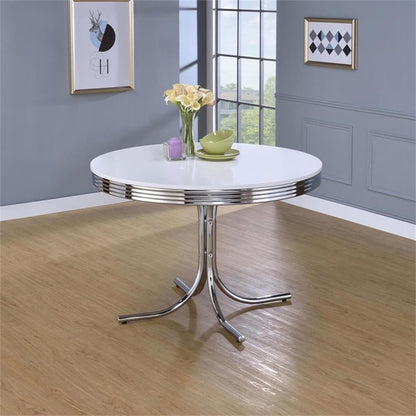 Retro Round Dining Table with Chrome Legs Glossy White Finish Indoor Seating 4 Mid-Century Style Easy Assembly