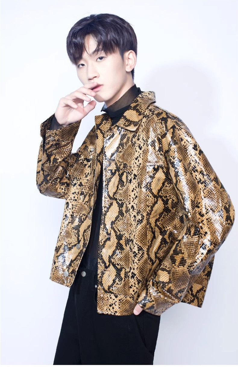 Mauroicardi Spring Autumn Loose Cool Shiny Colorful Snakeskin Print Pu Leather Jacket Men Luxury Designer Clothes Streeetwear