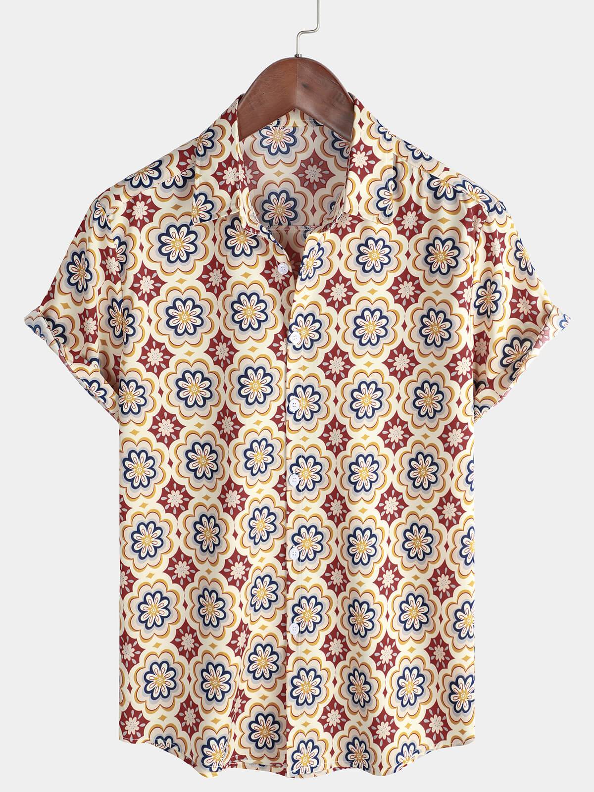 Mens Striped Casual Holiday Short Sleeve Orange Summer Button Down Shirt Hawaiian Shirt Summer Spring Lapel Button Down