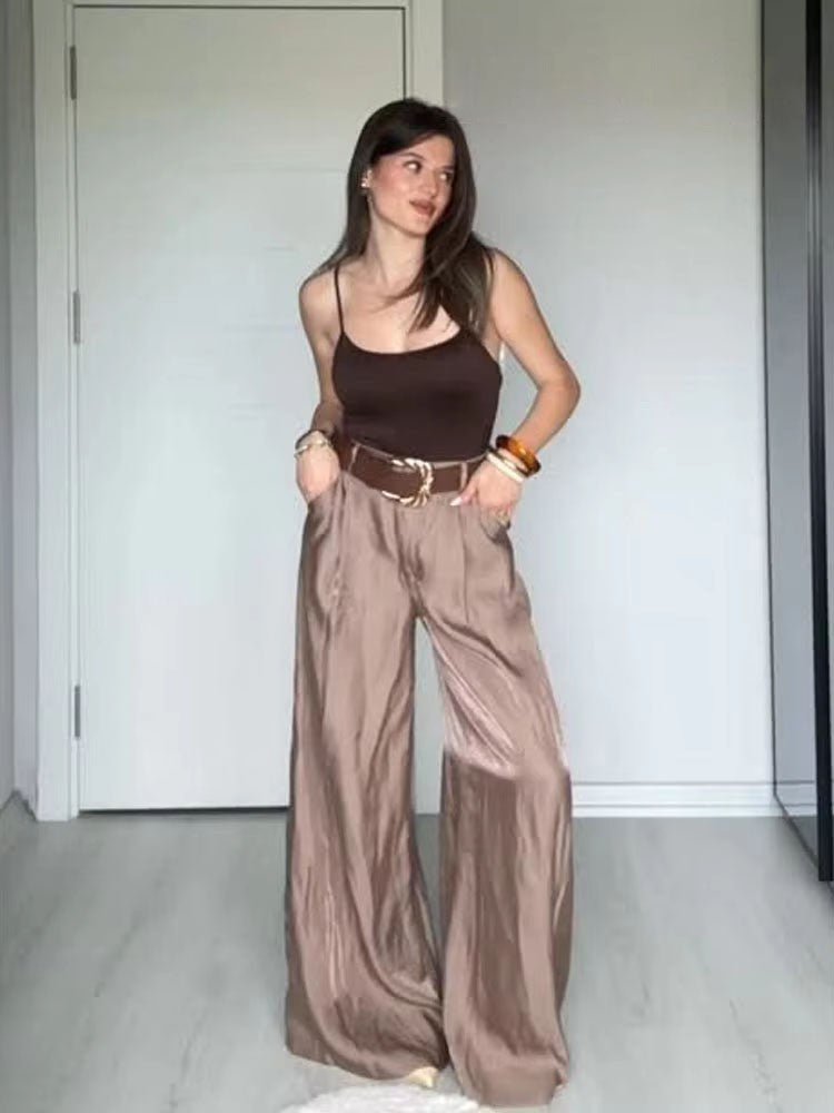 HH Women New Fashion Solid Belt Wrinkles Decorate Casual Loose Trousers Female Chic Zipper Side Pocket Slim Wide Leg Pants
