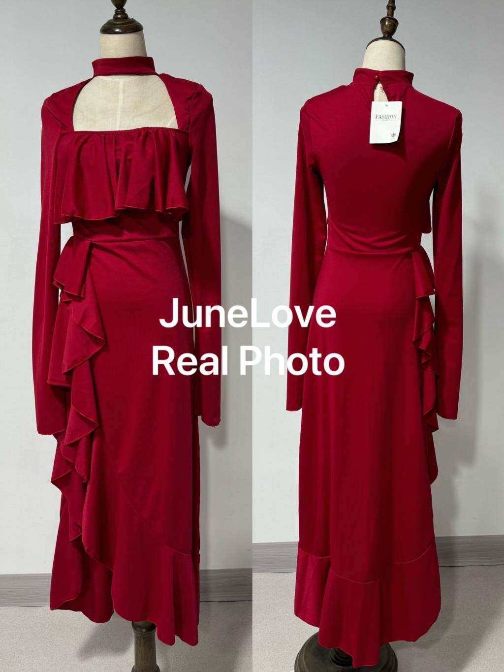 2025 Spring Women Elegant Long Slevee Midi Dress Female Red Square Collar Ruffle Party Dress Christmas Irregular Prom Dress