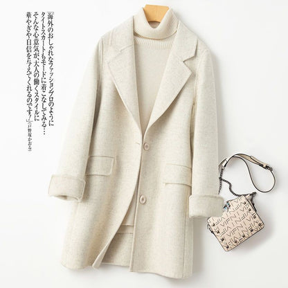 100% Pure Wool Woolen Coat Women 2025 Autumn Winter Suit Wool Overcoat Thin Cashmere Two-sided Jacket Suit Collar Outwear Female