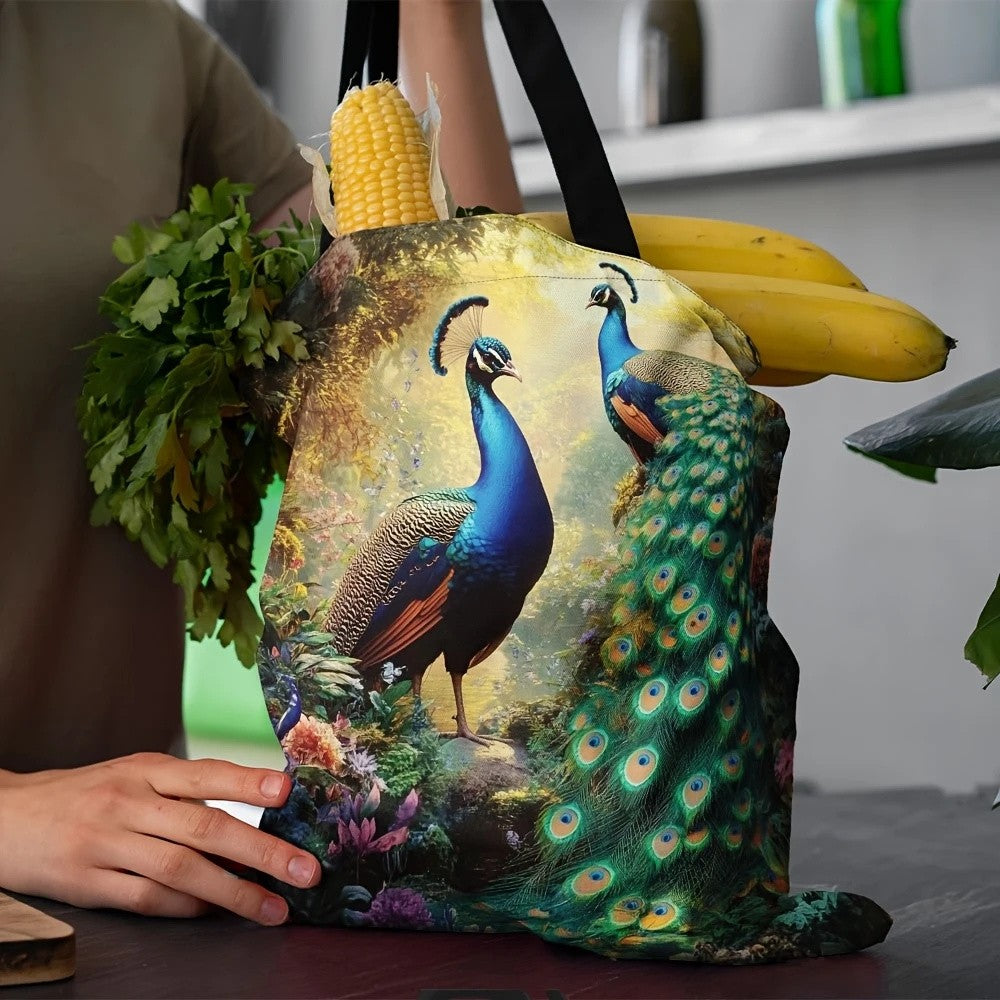 1pc Vibrant Peacock Pattern Tote Bag - Lightweight, Durable Polyester with Fixed Shoulder Straps, Ideal for Grocery Shopping