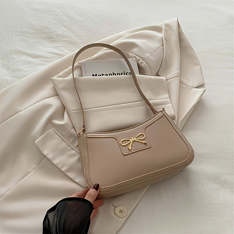 Solid Color Bowknot Shoulder Bag, Elegant Small Square Bag, Suitable for Women Handbags, Zipper Closure,Fashion Underarm Bag,