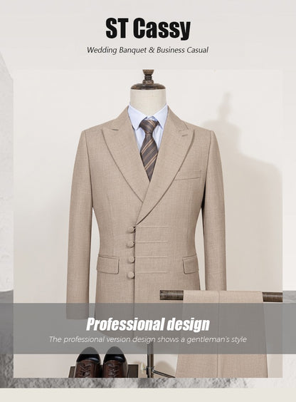 ST Cassy Elegant man suit for wedding Slim Fit Double Breasted Multiple buttons Casual Business man 2 piece outfit set