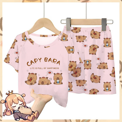 2pc Capybara Kids Pajama Set 5-14 Years, Summer Cartoon Short Sleeve Sleepwear with Hamburger Print, Breathable Boys Girls PJs