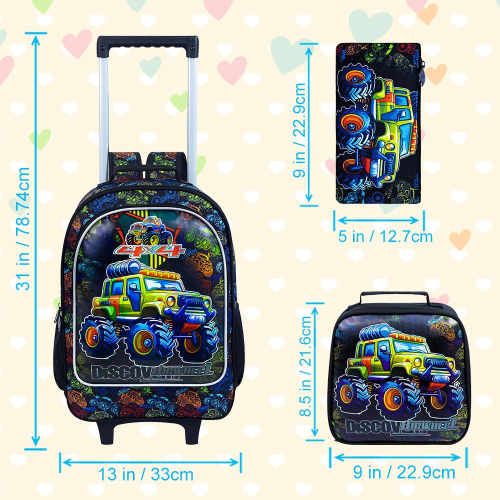 Mochila de Rodinhas 3 Peças para Meninas e Meninos, Mochila Escolar Infantil com Rodinhas, Bolsa Escolar Elementar com Rodas e Lancheira