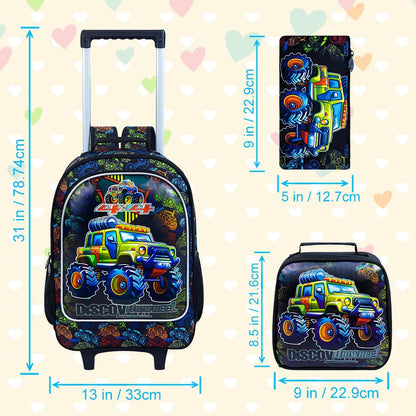Mochila de Rodinhas 3 Peças para Meninas e Meninos, Mochila Escolar Infantil com Rodinhas, Bolsa Escolar Elementar com Rodas e Lancheira