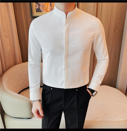 Men Standing Collar Shirt Long Sleeved 2024 Autumn British Style Solid Casual Hidden Button Elastic Slim Fit Formal Dress Shirt