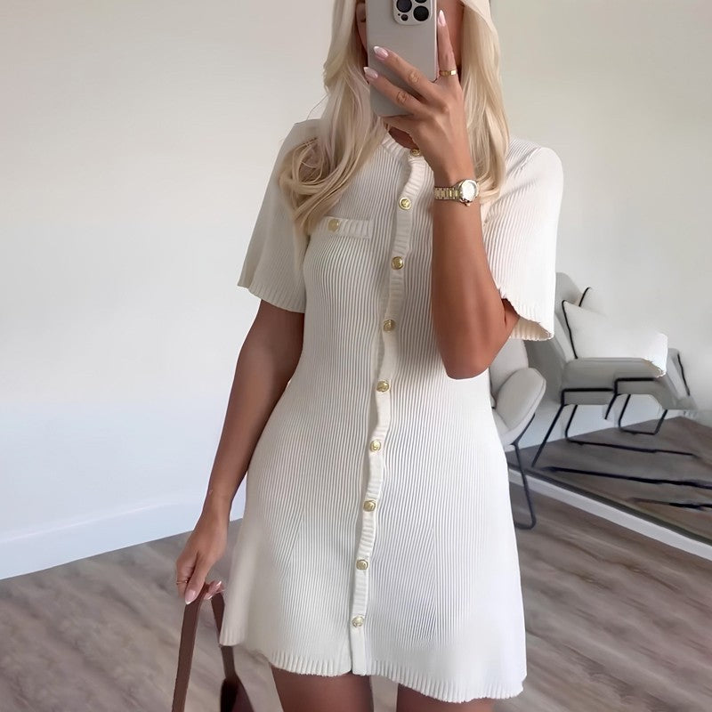 White Elegant Knitted Mini Dress For Women Metal Button Sexy Slim Rib Sweater Dr