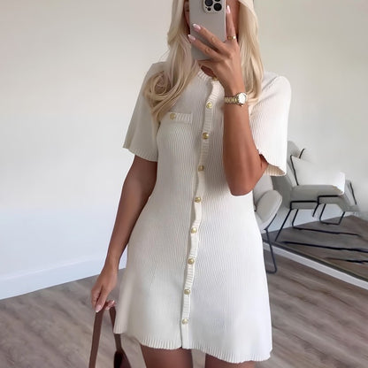 White Elegant Knitted Mini Dress For Women Metal Button Sexy Slim Rib Sweater Dr