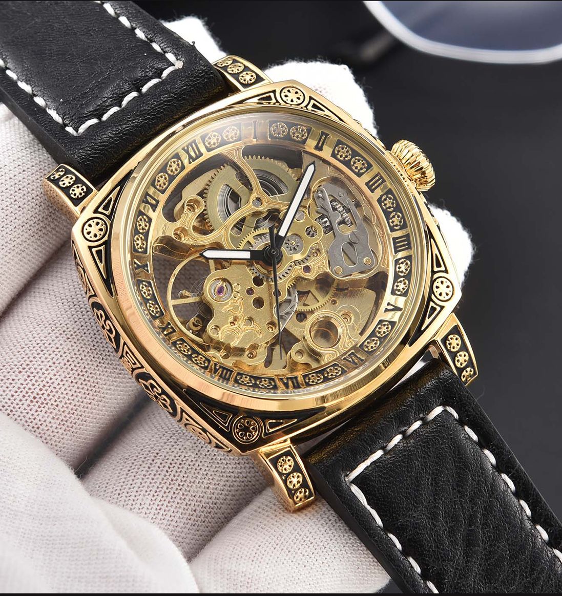 LONGLUX automatic watch retro style wholesale mechanical wristwatches skeleton carve waterproof leather no logo mens watch