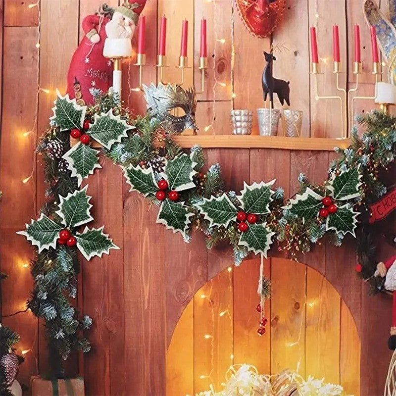 5-100Pcs Artificial Holly Berry Green Leaves Christmas Ornaments Gold Red Holly Berry Stems Xmas Tree Wreath Gifts Party Decor
