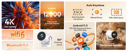 Projetor XGODY 4K HY300 Pro+ com alto-falante de 5W integrado 1280*720P Android 11 12000 Lumens Wifi6 BT5.4 Projetor Externo Portátil